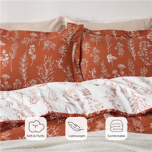 Queen or Twin Comforter Set - Terracotta Comforter, Cute Floral Sets 3 Pieces - Picture 3 of 6
